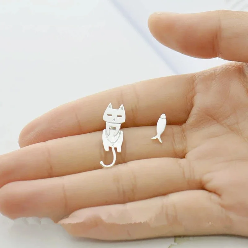925 Sterling Silver Cat & Fish Earrings — view 2 925 Sterling Silver Cat & Fish Earrings — view 2