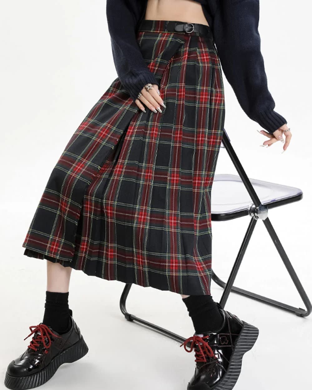 Black and Red Plaid Midi Skirt — view 3 Black and Red Plaid Midi Skirt — view 3