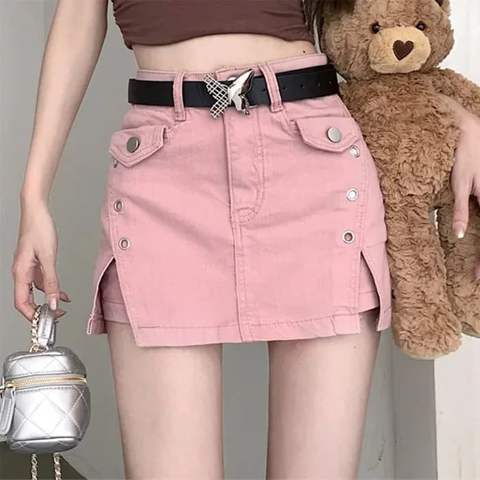 Pink Denim Skort with Butterfly Belt — view 2 Pink Denim Skort with Butterfly Belt — view 2