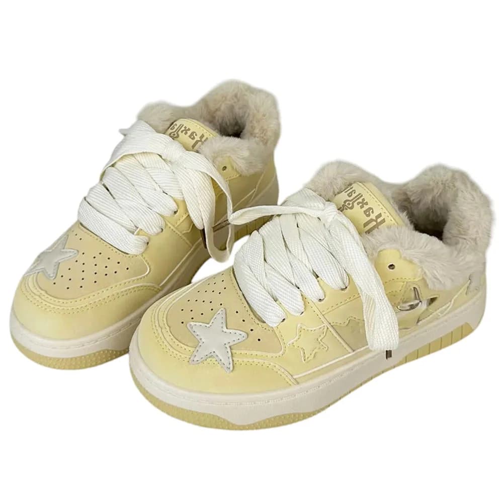 Pastel Yellow Star Fur-Lined Sneakers — view 2 Pastel Yellow Star Fur-Lined Sneakers — view 2