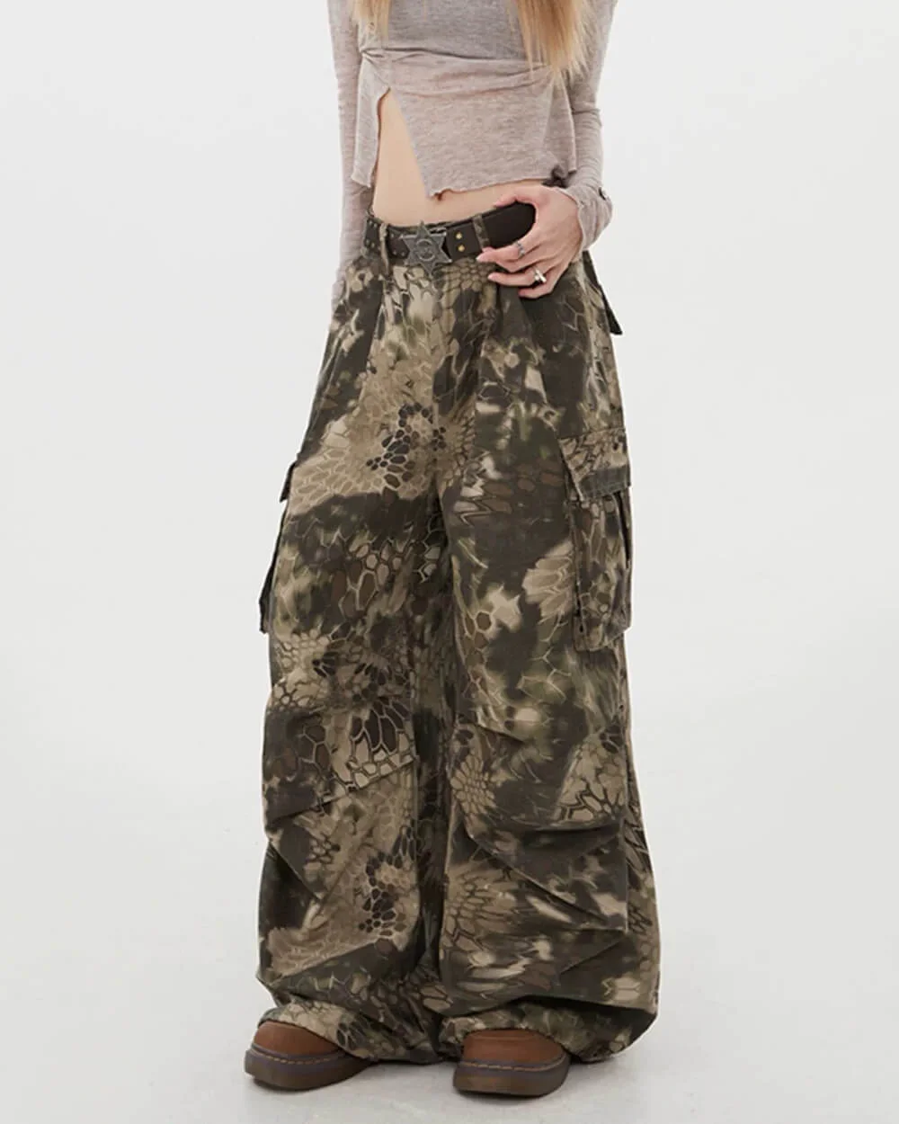Snake Print Wide Leg Cargo Pants — view 3 Snake Print Wide Leg Cargo Pants — view 3