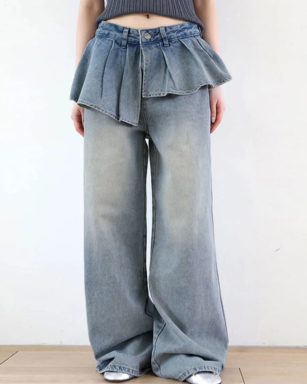 Peplum Waist Denim Wide Leg Jeans — view 2 Peplum Waist Denim Wide Leg Jeans — view 2