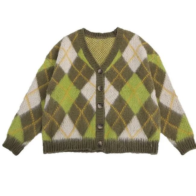 Warm Vibes Green Argyle Cardigan Sweater — view 2 Warm Vibes Green Argyle Cardigan Sweater — view 2
