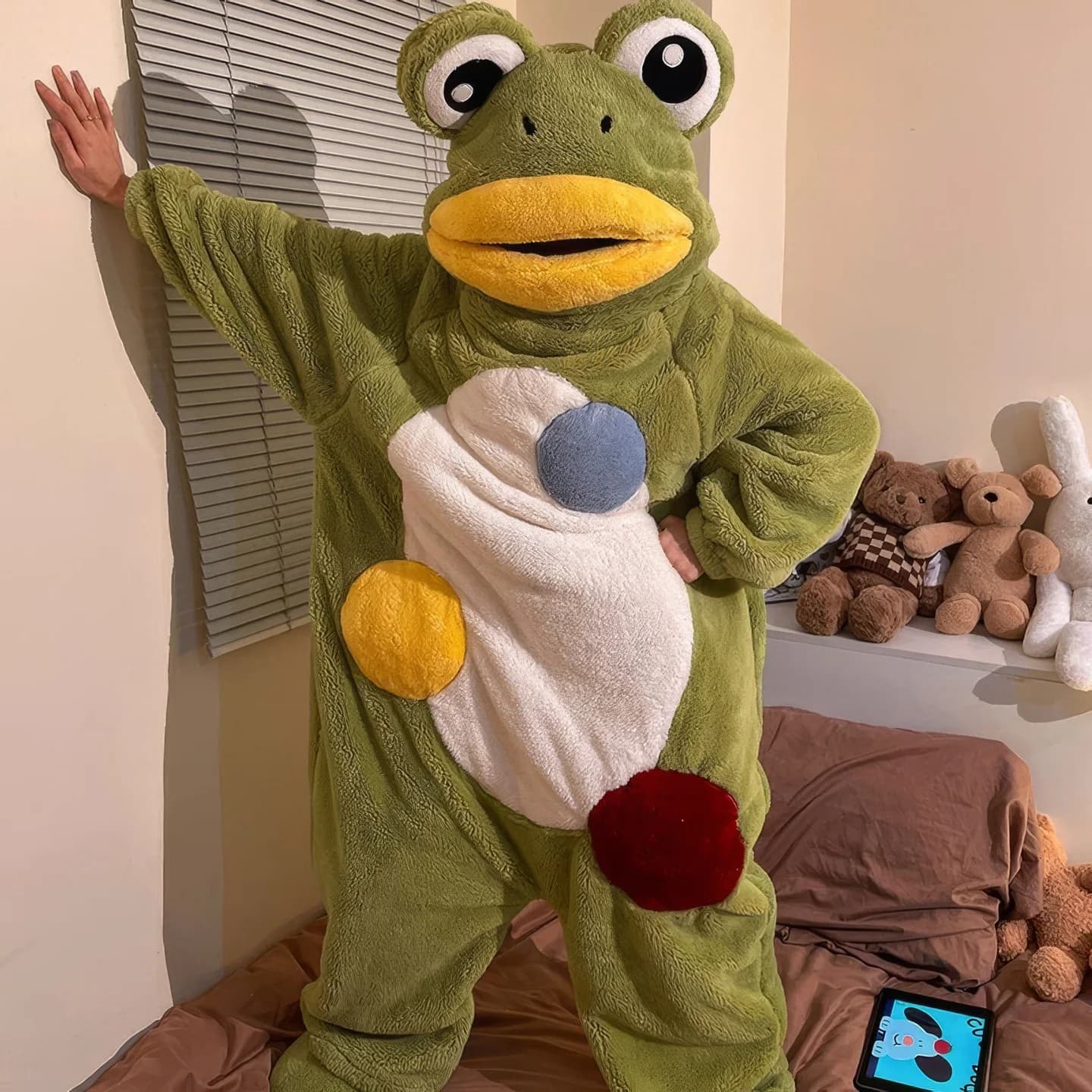 Fuzzy Green and Yellow Party Frog Onesie — view 2 Fuzzy Green and Yellow Party Frog Onesie — view 2