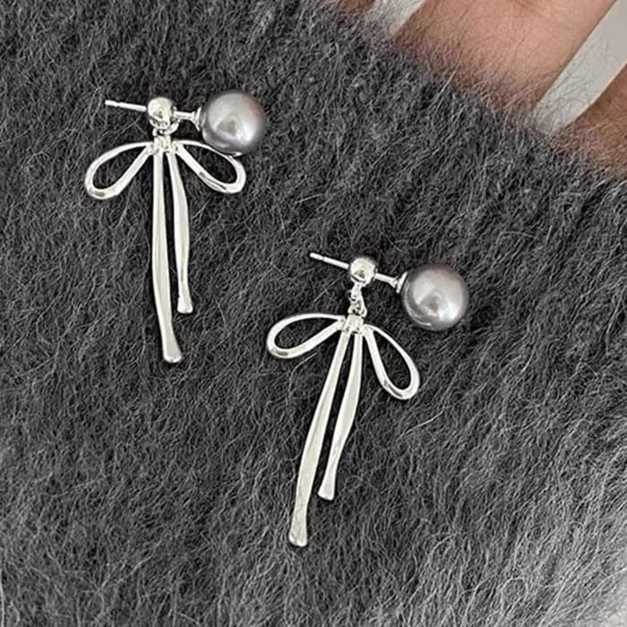 Bow Pendant Pearl Earrings — view 2 Bow Pendant Pearl Earrings — view 2