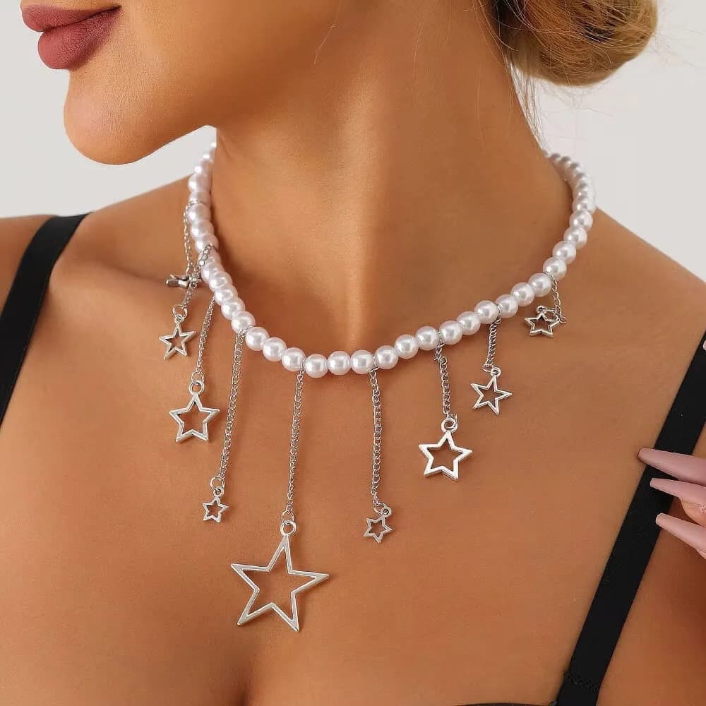 Y2K Pearl Necklace with Star Charms — view 2 Y2K Pearl Necklace with Star Charms — view 2