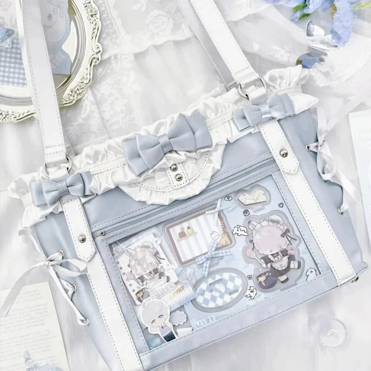 Jirai Kei Gothic Ita Tote Bag with Bows, Frills & Pearl Charms — view 2 Jirai Kei Gothic Ita Tote Bag with Bows, Frills & Pearl Charms — view 2