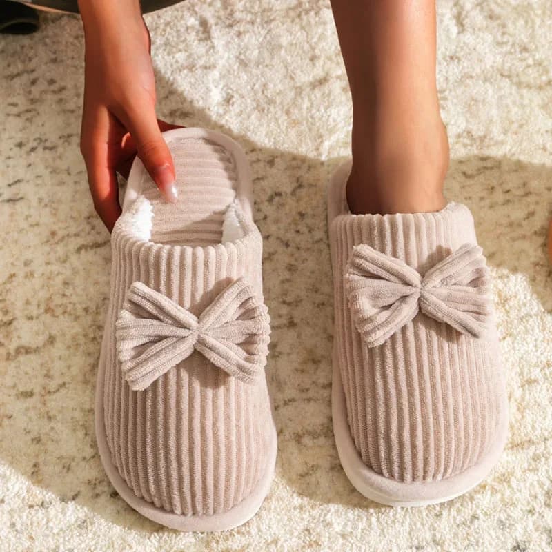 Women’s Corduroy Bow Plush Slippers – Soft Warm Indoor Winter Home Shoes — view 1 Women’s Corduroy Bow Plush Slippers – Soft Warm Indoor Winter Home Shoes — view 1