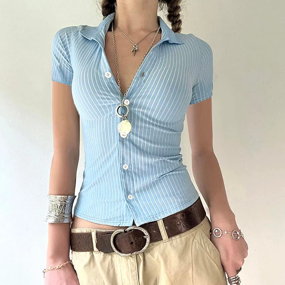 Y2K Blue Stripe Fitted Shirt — view 2 Y2K Blue Stripe Fitted Shirt — view 2