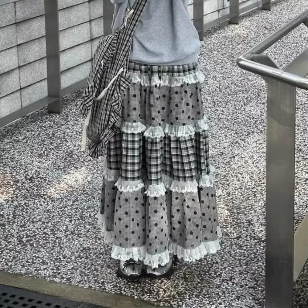 Black White Polka Dot Gingham Maxi Skirt — view 2 Black White Polka Dot Gingham Maxi Skirt — view 2