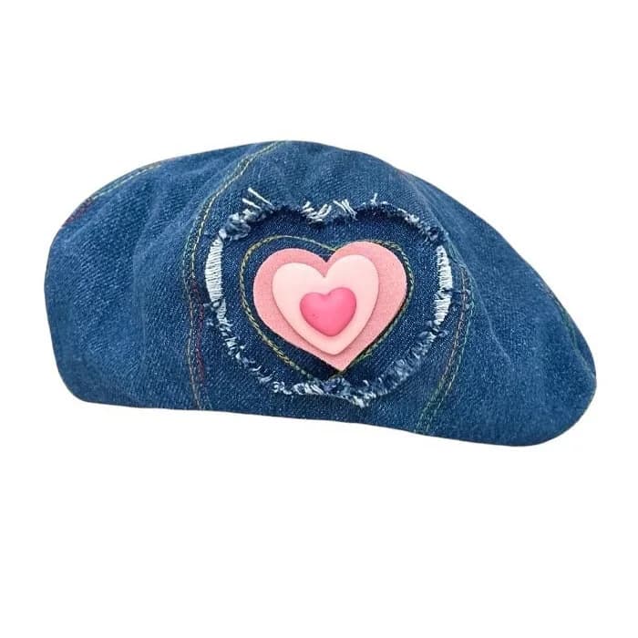 Heart Patch Denim Beret Hat — view 1 Heart Patch Denim Beret Hat — view 1