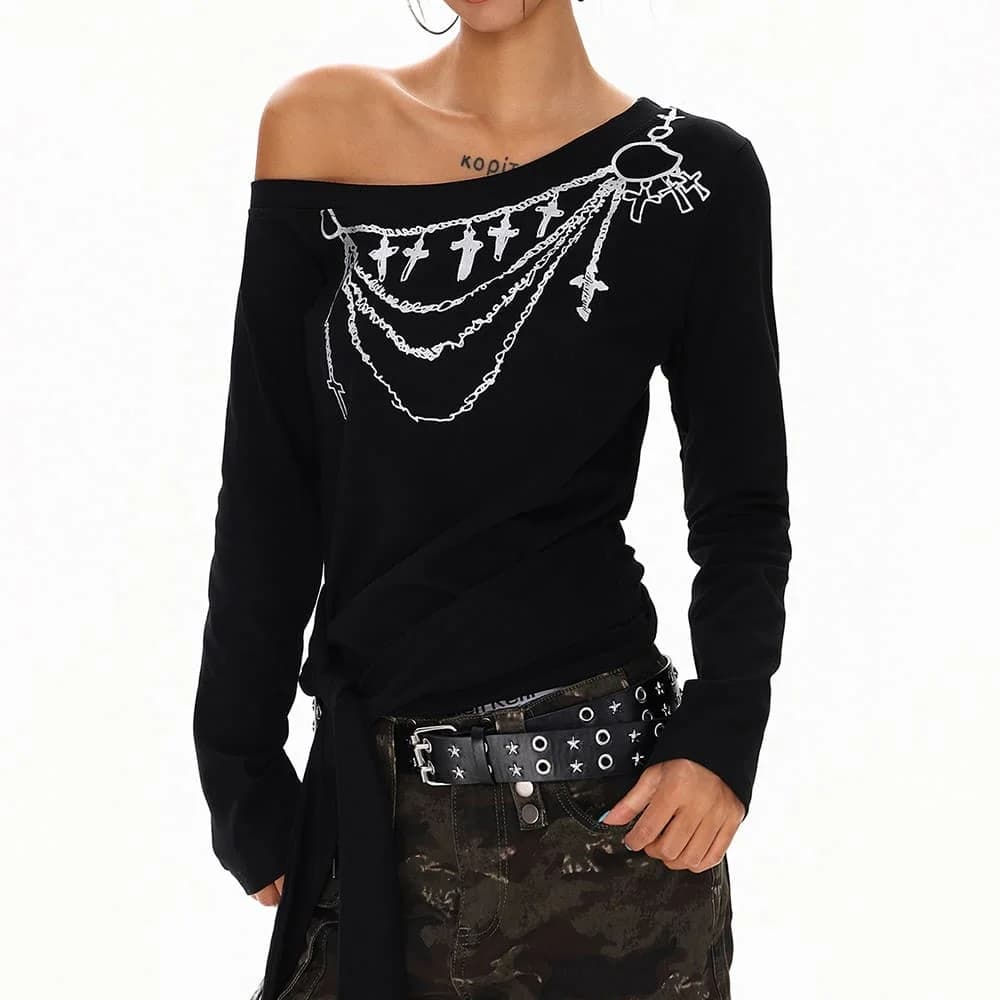 Cross Chain Print One-Shoulder Top — view 2 Cross Chain Print One-Shoulder Top — view 2