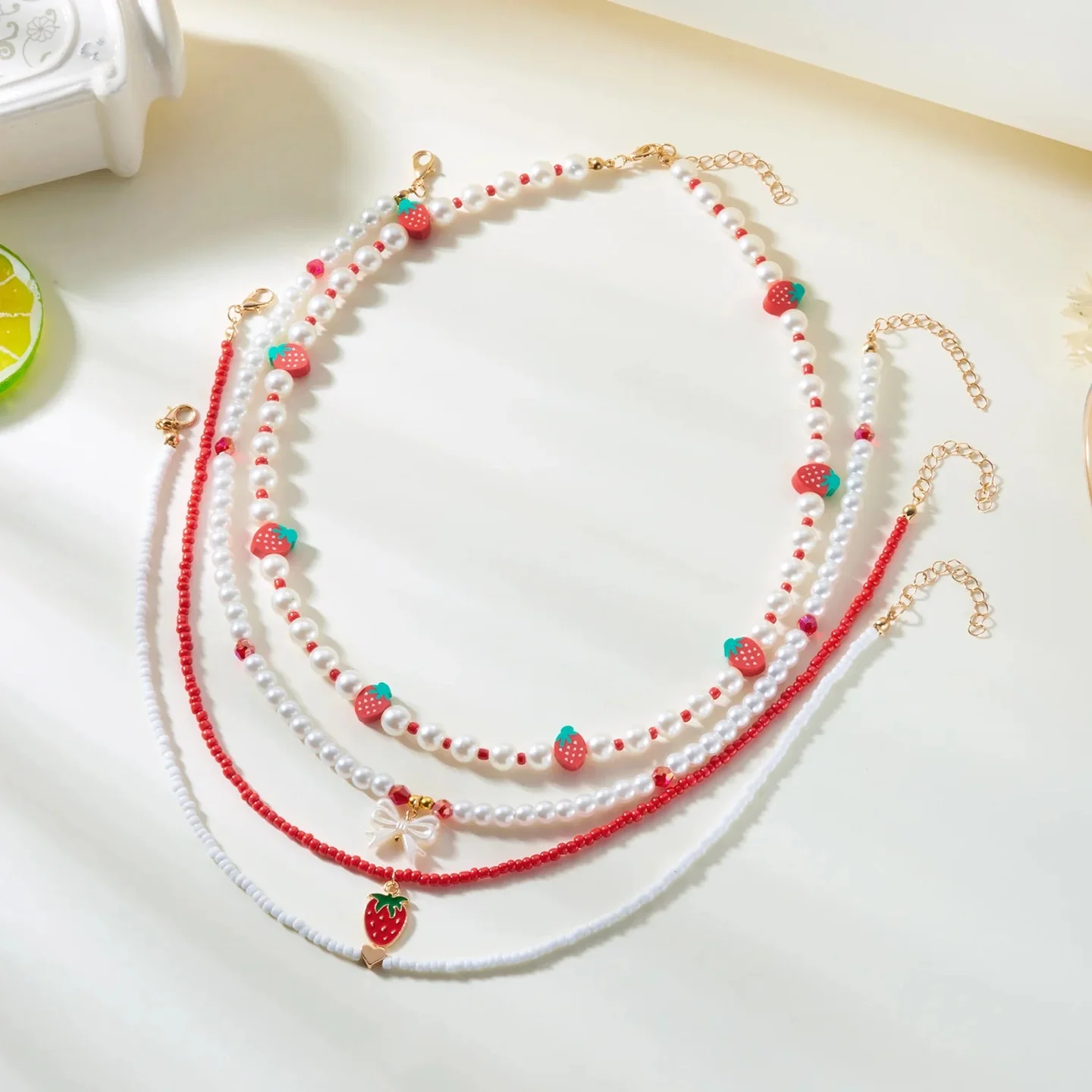 Strawberry Beaded Choker Necklace – Boho Y2K Summer Pearl Pendant — view 2 Strawberry Beaded Choker Necklace – Boho Y2K Summer Pearl Pendant — view 2