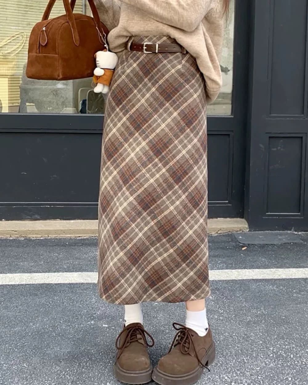 Coffee Cream Plaid Midi Skirt — view 3 Coffee Cream Plaid Midi Skirt — view 3