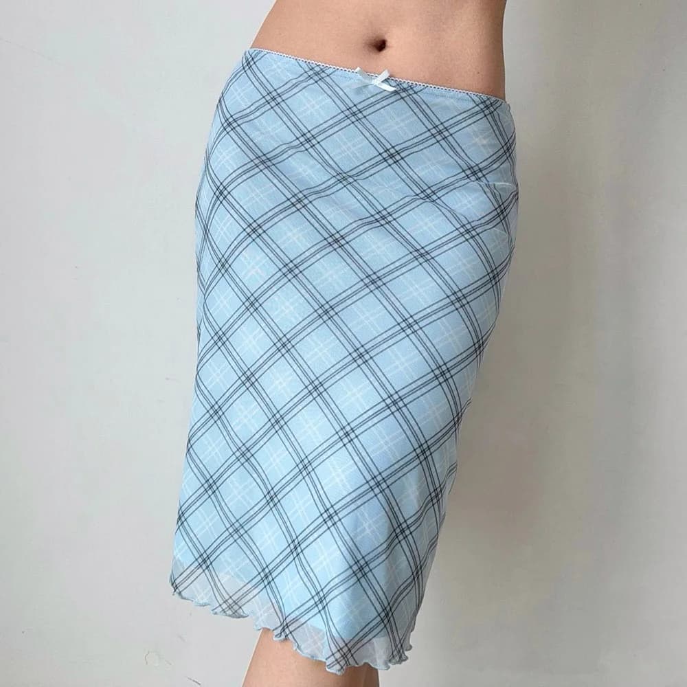 Baby Blue Plaid Midi Skirt — view 2 Baby Blue Plaid Midi Skirt — view 2
