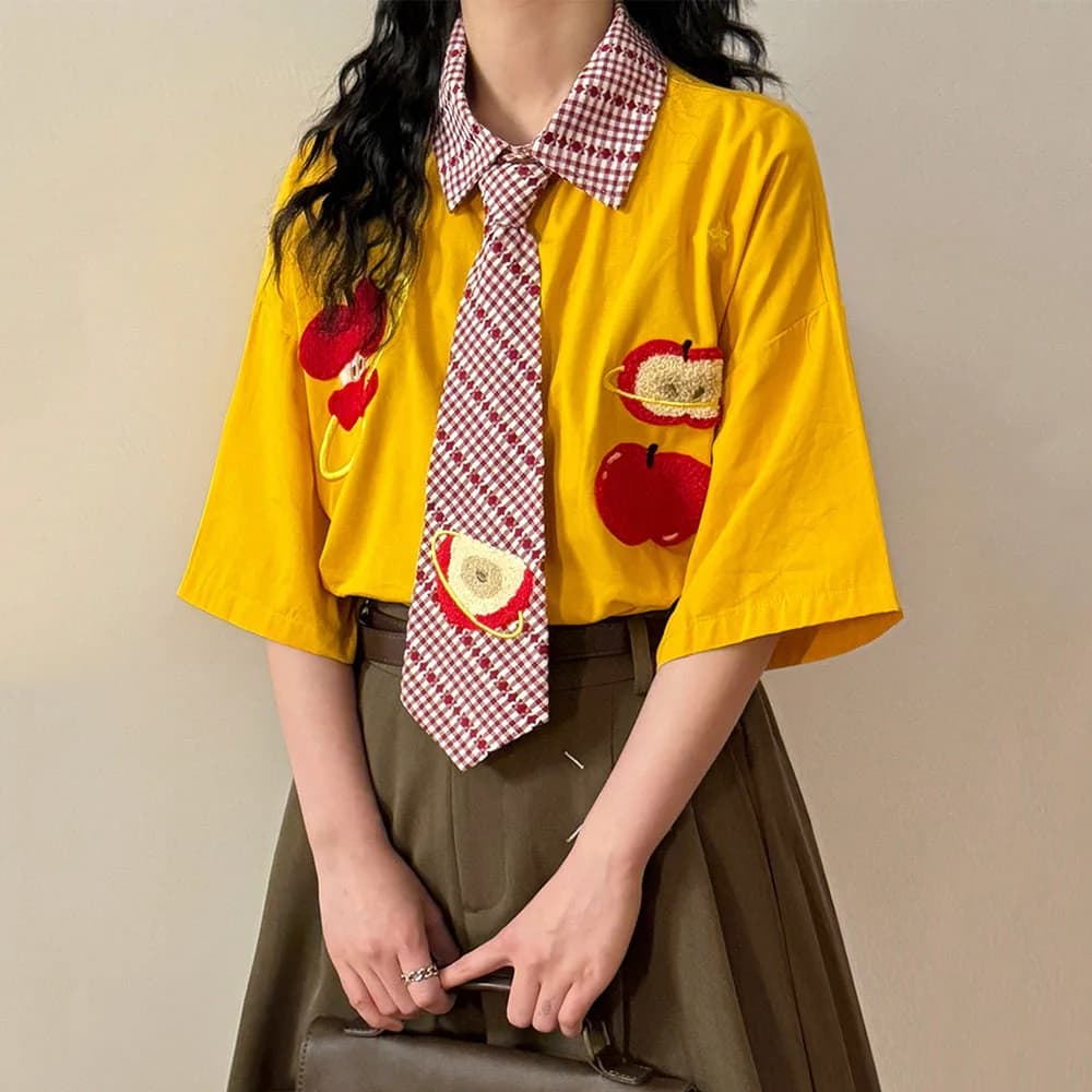 Apple Embroidered Short Sleeve Tie Shirt — view 3 Apple Embroidered Short Sleeve Tie Shirt — view 3