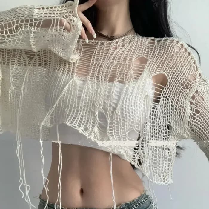 Y2K Distressed Cropped Sweater — view 2 Y2K Distressed Cropped Sweater — view 2