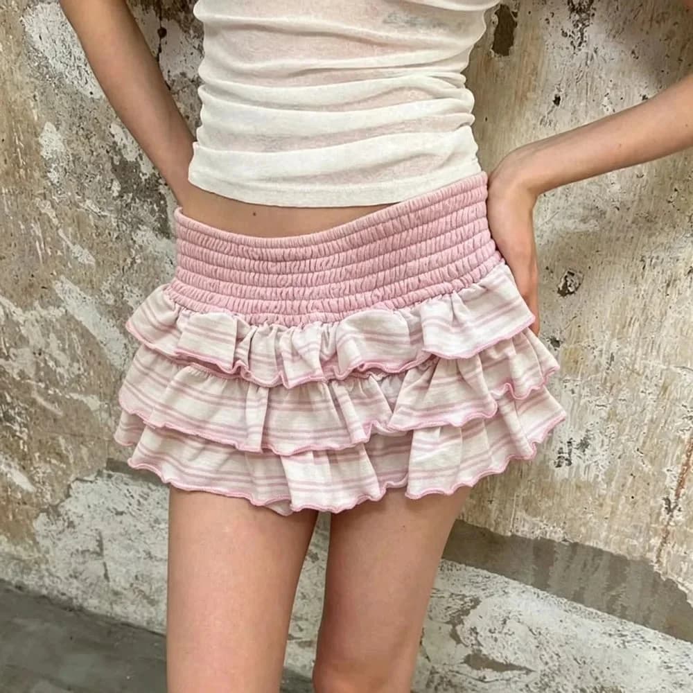 Pink Stripe Tiered Ruffle Mini Skirt — view 2 Pink Stripe Tiered Ruffle Mini Skirt — view 2