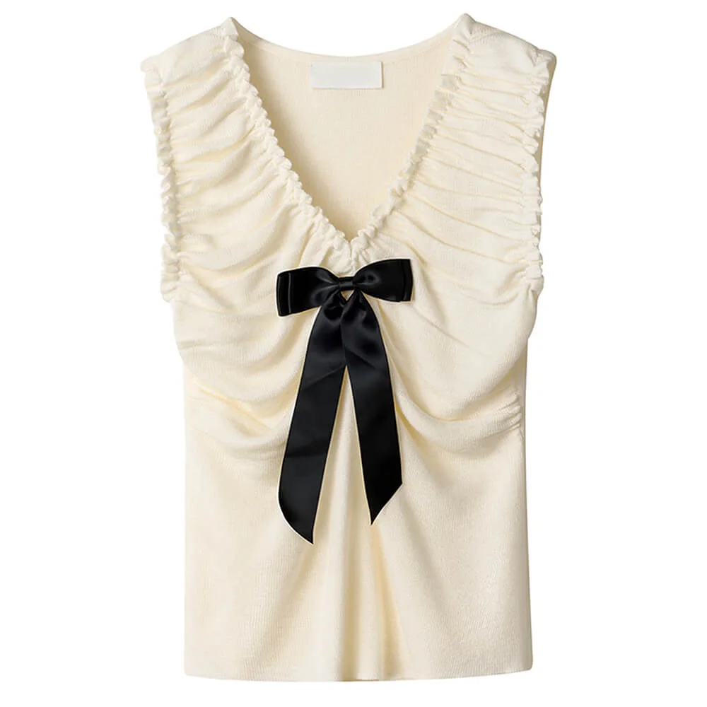 Preppy Ruched Top with Satin Bow — view 1 Preppy Ruched Top with Satin Bow — view 1