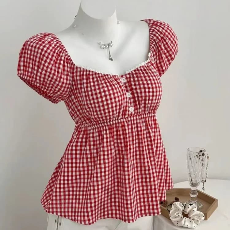 Red Gingham Babydoll Top — view 2 Red Gingham Babydoll Top — view 2