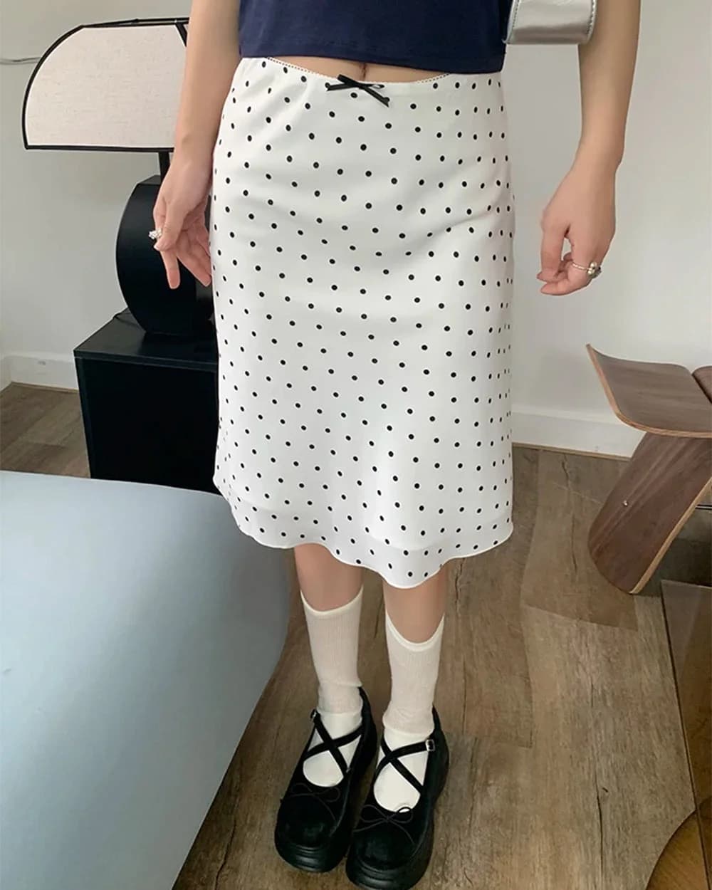 Satin Polka Dot Midi Skirt — view 2 Satin Polka Dot Midi Skirt — view 2