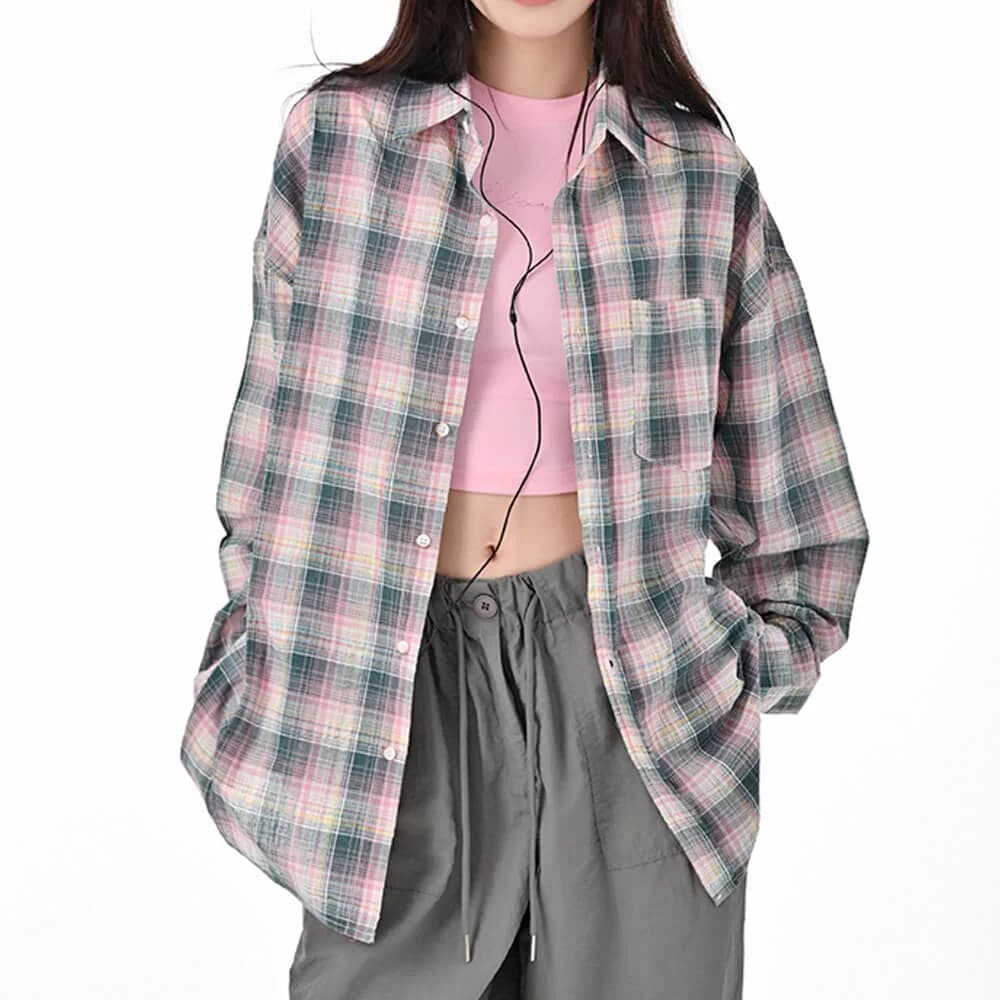 Pink and Green Plaid Button-Up Shirt — view 1 Pink and Green Plaid Button-Up Shirt — view 1