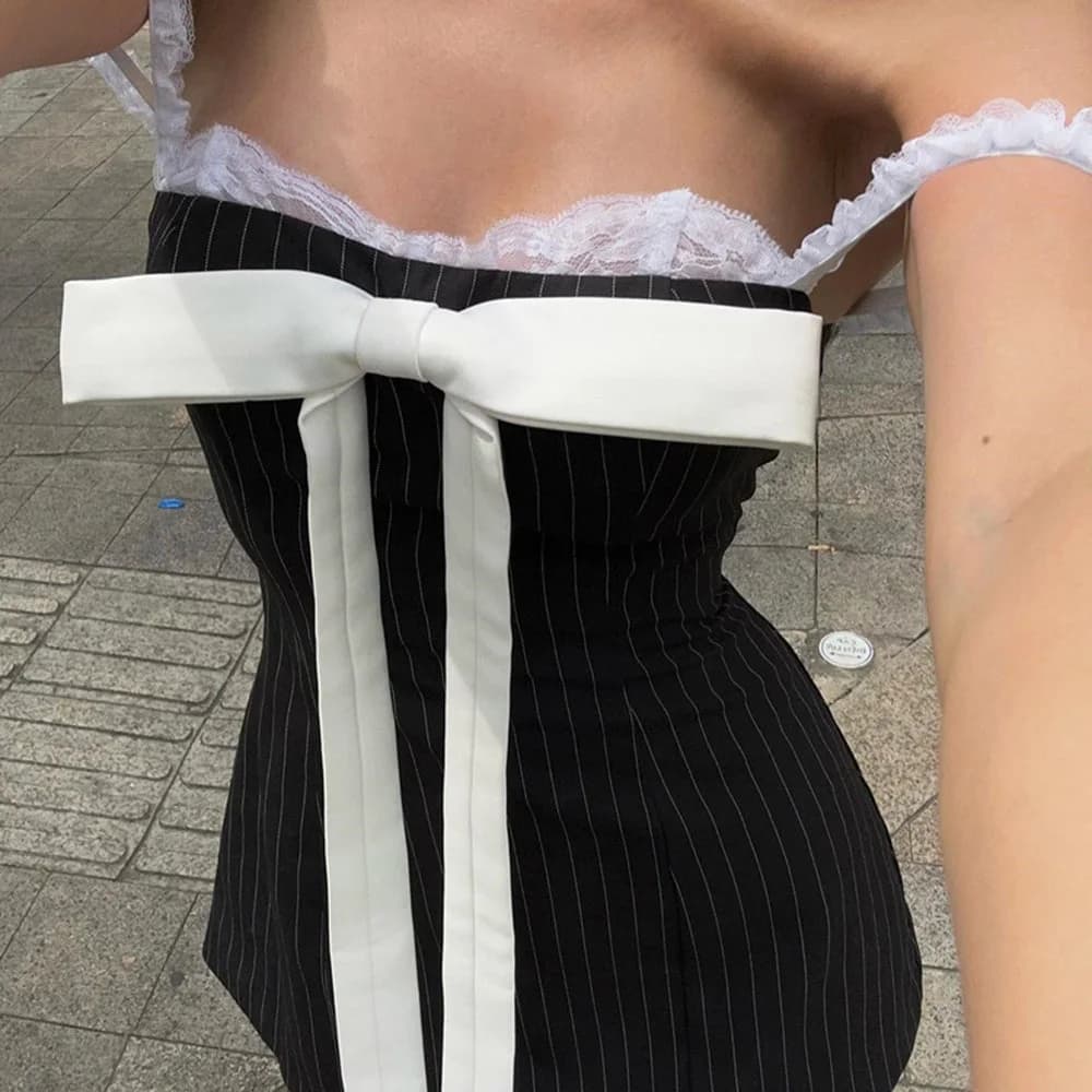 Bow Lace Striped Mini Dress — view 3 Bow Lace Striped Mini Dress — view 3