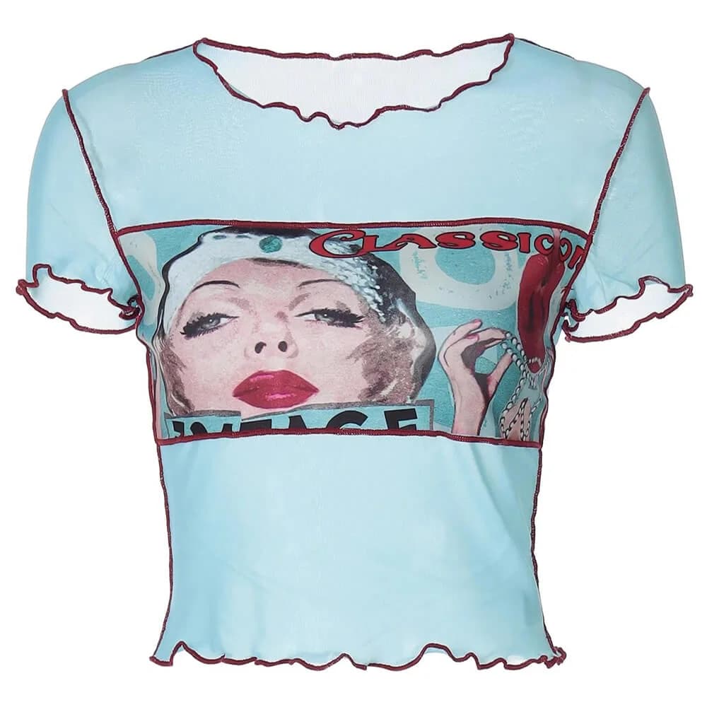 Paris Girl Mesh Y2K Baby Tee — view 1 Paris Girl Mesh Y2K Baby Tee — view 1