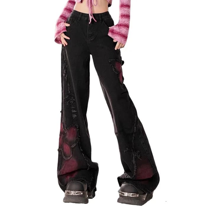 Grunge Aesthetic Black & Red Butterfly Jeans — view 3 Grunge Aesthetic Black & Red Butterfly Jeans — view 3