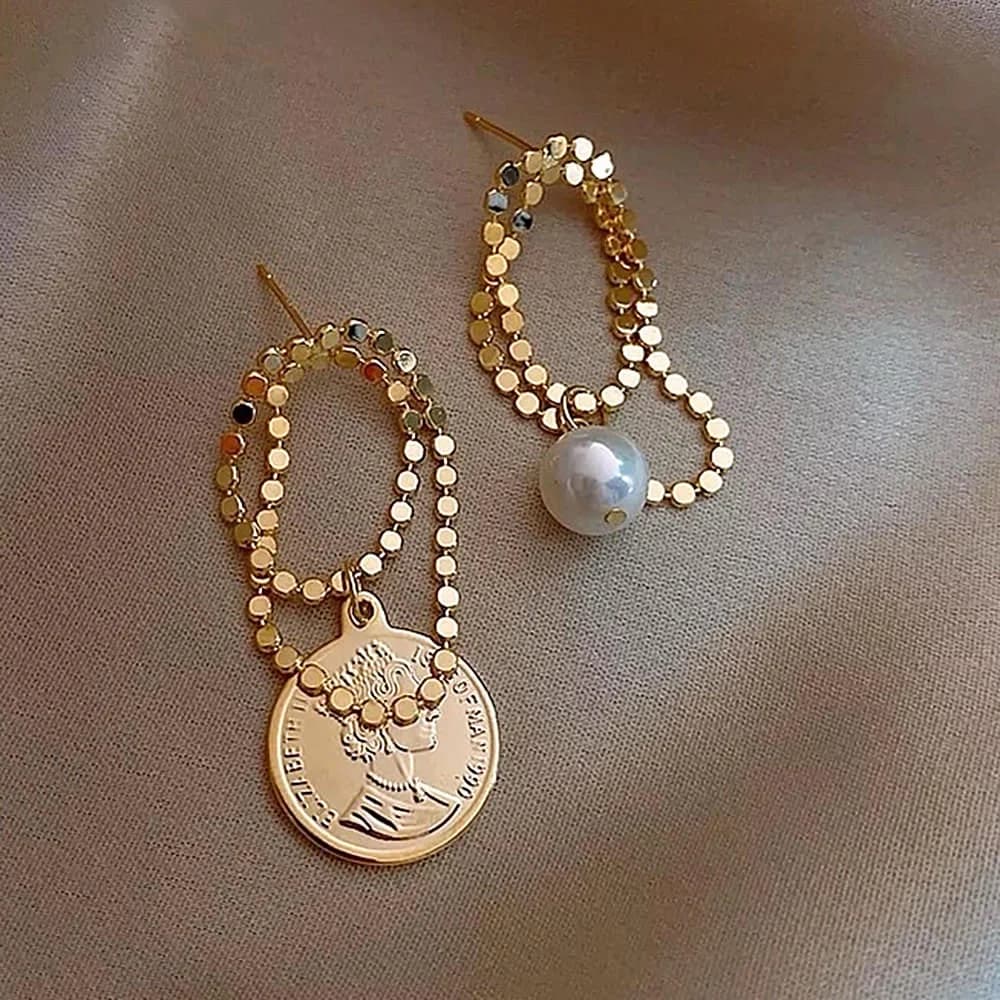 Asymmetrical Coin Drop Earrings — view 2 Asymmetrical Coin Drop Earrings — view 2