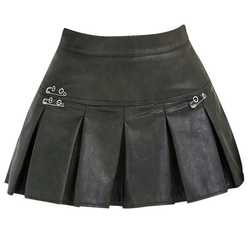 Leather Mini Skirt with Safety Pins — view 2 Leather Mini Skirt with Safety Pins — view 2