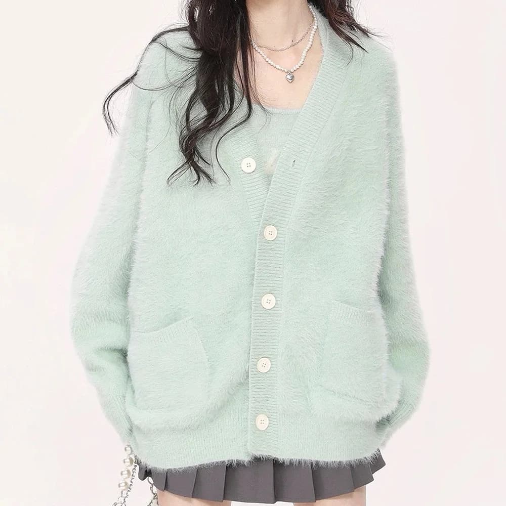 Mint Green Fuzzy Cardigan — view 2 Mint Green Fuzzy Cardigan — view 2