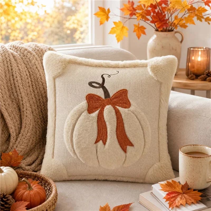 Plush Pumpkin Bow & Patch Cushion Cover — view 2 Plush Pumpkin Bow & Patch Cushion Cover — view 2