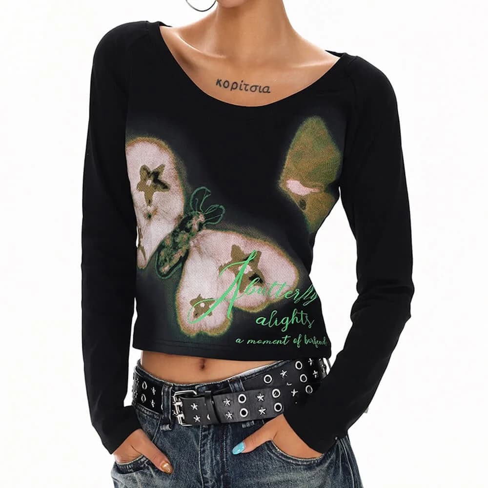 Indie Butterfly Print Long Sleeve Top — view 2 Indie Butterfly Print Long Sleeve Top — view 2