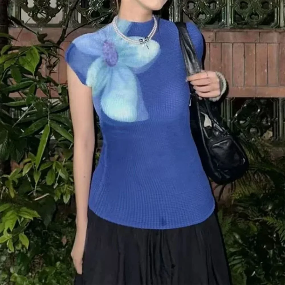 Blue Flower Print Mesh Top — view 2 Blue Flower Print Mesh Top — view 2