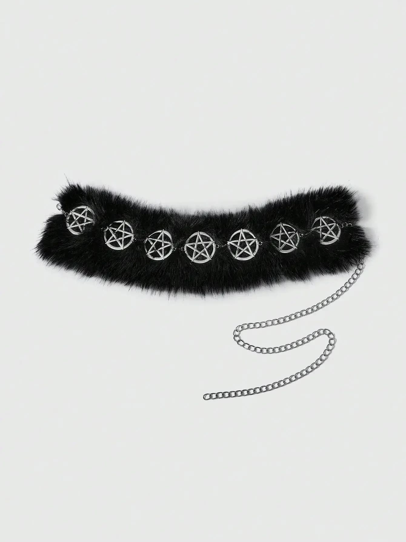 Visual Kei Black Faux Fur Pentagram Chain Choker Cuff Bracelet — view 2 Visual Kei Black Faux Fur Pentagram Chain Choker Cuff Bracelet — view 2