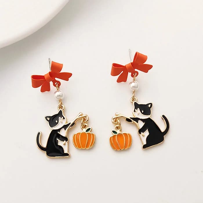Black Cat & Pumpkin Earrings — view 2 Black Cat & Pumpkin Earrings — view 2