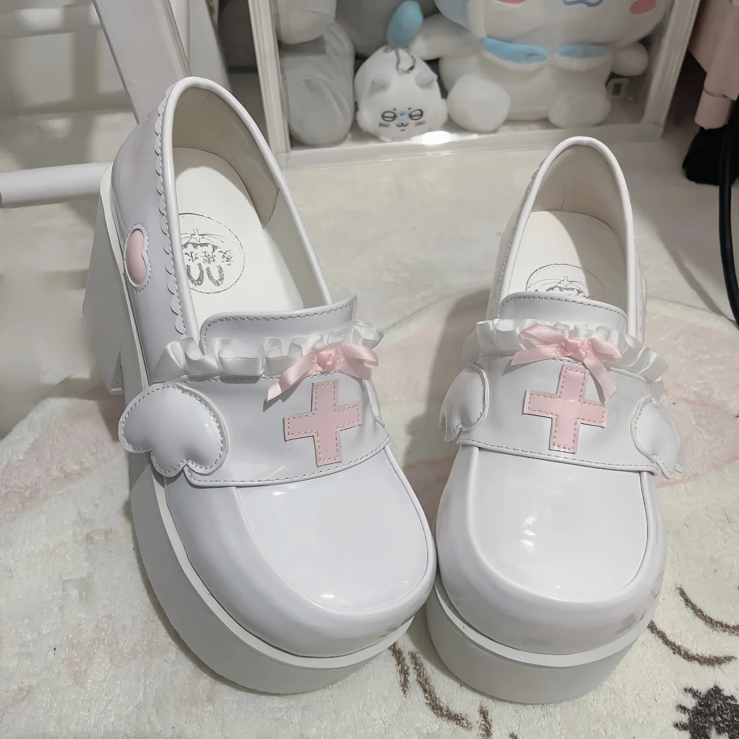 Menhera White Platform Loafers with Cross and Bow Details — view 3 Menhera White Platform Loafers with Cross and Bow Details — view 3