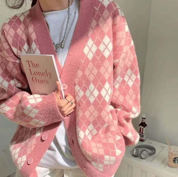 Plaid Pink Preppy Sweater — view 2 Plaid Pink Preppy Sweater — view 2