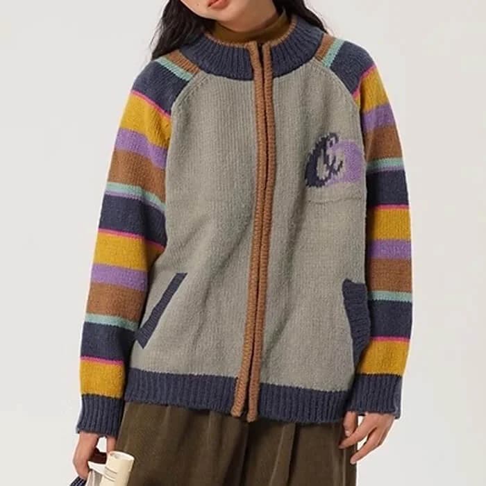 Colorful Striped Indie Kid Zip Sweater — view 2 Colorful Striped Indie Kid Zip Sweater — view 2