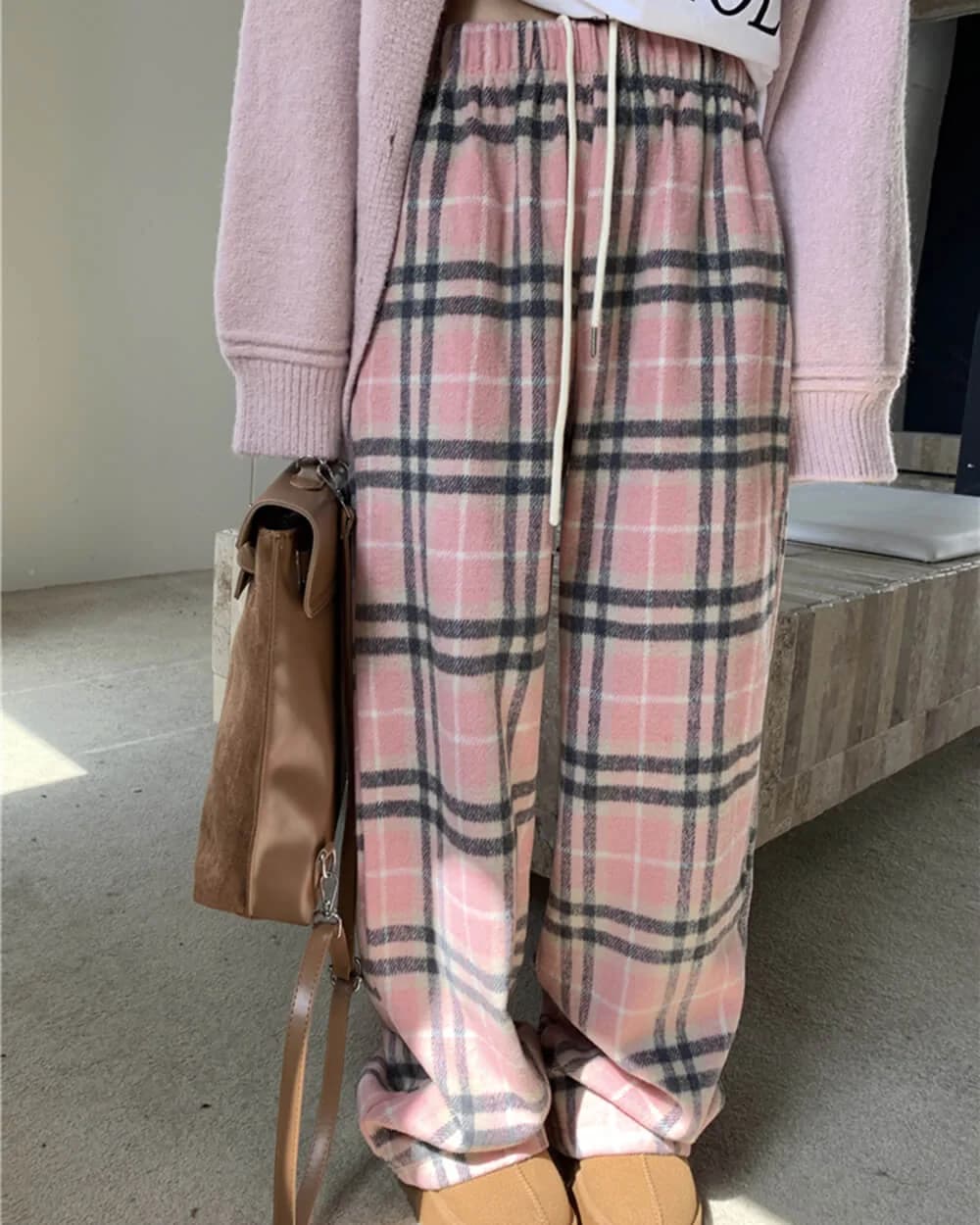 Pink Plaid Wide Leg Pants — view 2 Pink Plaid Wide Leg Pants — view 2