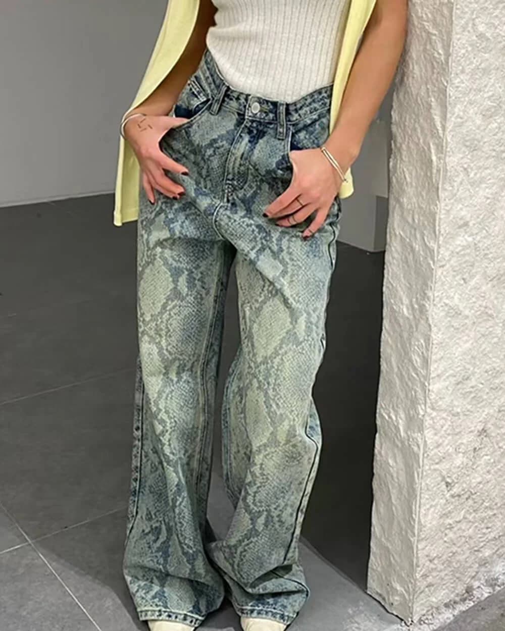 Snake Print Straight Leg Jeans — view 2 Snake Print Straight Leg Jeans — view 2