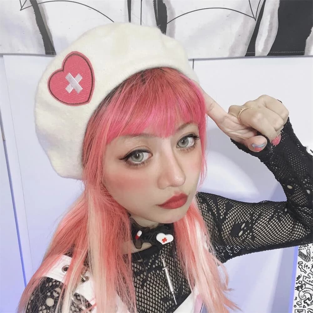 Pink Menhera Nurse Beret — view 2 Pink Menhera Nurse Beret — view 2