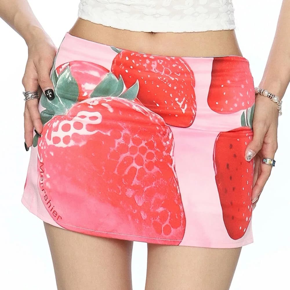 Strawberry Print Y2K Mini Skirt — view 2 Strawberry Print Y2K Mini Skirt — view 2