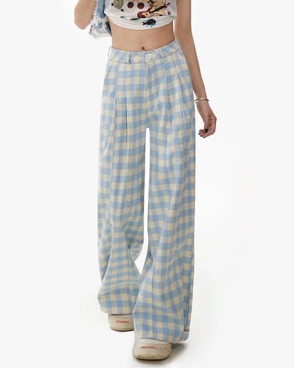 Wide-Leg Blue Gingham Trousers — view 2 Wide-Leg Blue Gingham Trousers — view 2