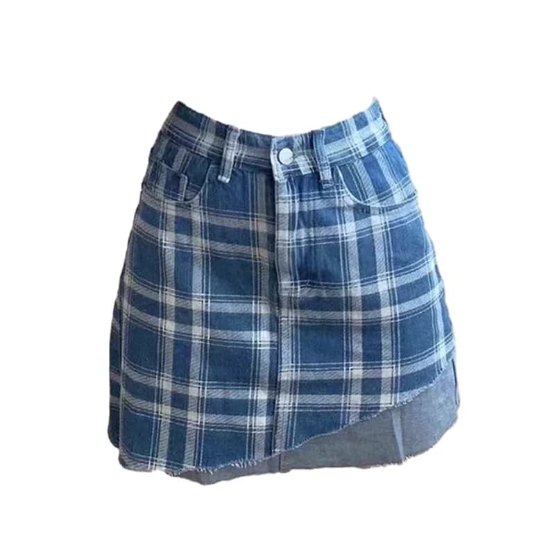 Asymmetrical Blue Plaid Skirt — view 1 Asymmetrical Blue Plaid Skirt — view 1
