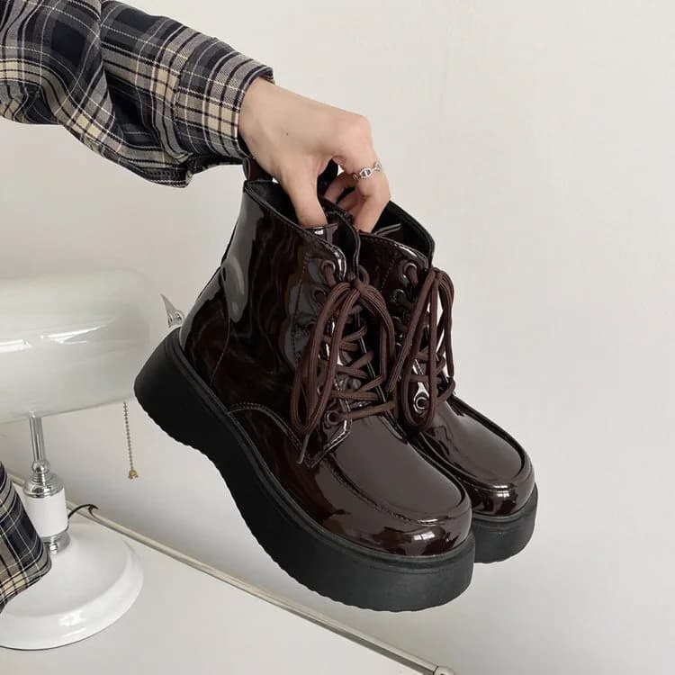 Fall Aesthetic Lacquered Lace Up Boots — view 2 Fall Aesthetic Lacquered Lace Up Boots — view 2