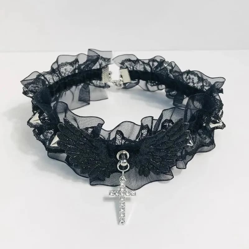 Visual Kei Lace Ruffle Cross Charm Angel Wing Spike Choker Necklace — view 2 Visual Kei Lace Ruffle Cross Charm Angel Wing Spike Choker Necklace — view 2