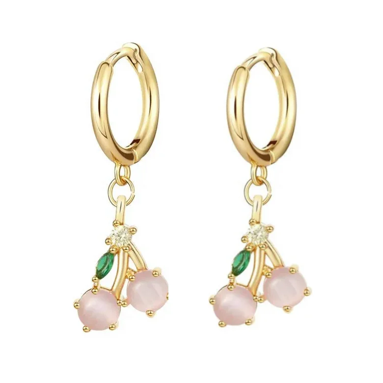 Pink Cherry Hoop Dangle Earrings — view 1 Pink Cherry Hoop Dangle Earrings — view 1