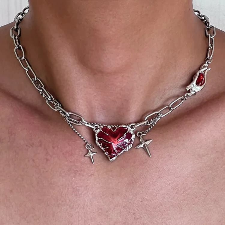 Red Stone Heart Chain Necklace — view 2 Red Stone Heart Chain Necklace — view 2